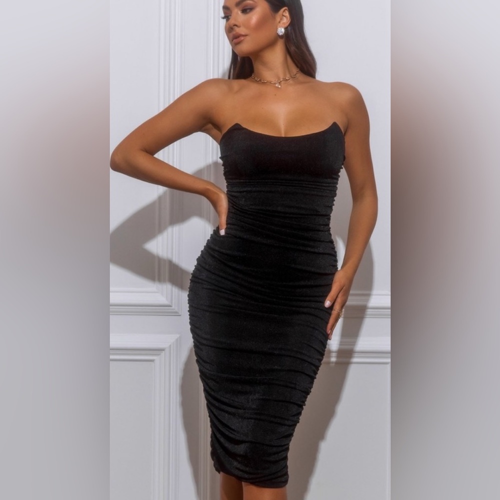 Miss Lola Ruched Slinky Black Strapless Dress size L